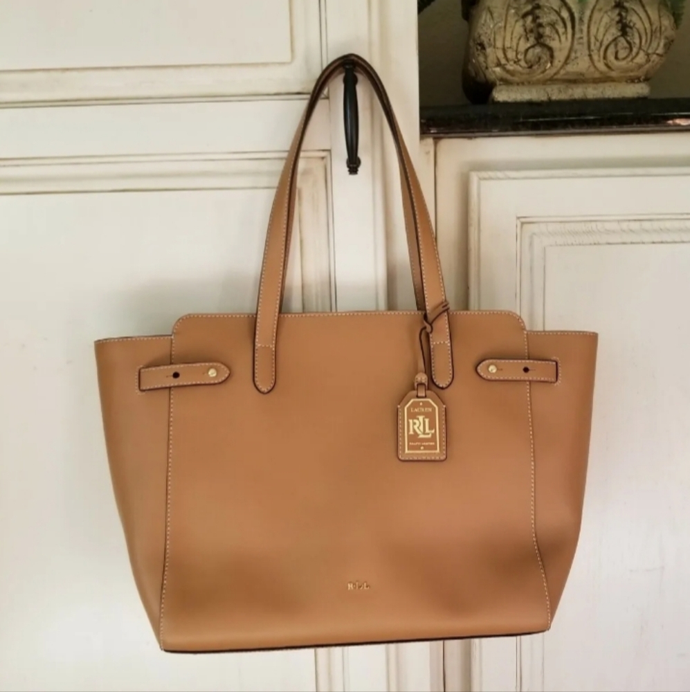 LAUREN BY RALPH LAUREN Harper Parker Tan Leather Tote Large $244 NWOT - Picture 1 of 11